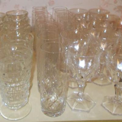 Left to right
8 tumblers $40
6 Fostoria Americana iced tea glasses $24
11 crystal tumblers $44
12 crystal stems $60