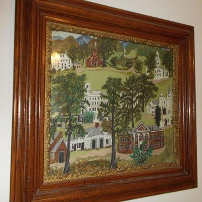 Framed printed fabric of colonial houses $28