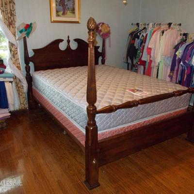 Four poster double mahogany bed with box spring and mattress $260