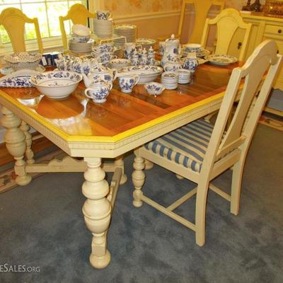 Pine and painted dining table and 6 chairs $290
table 60 X 43 1/2 X 30