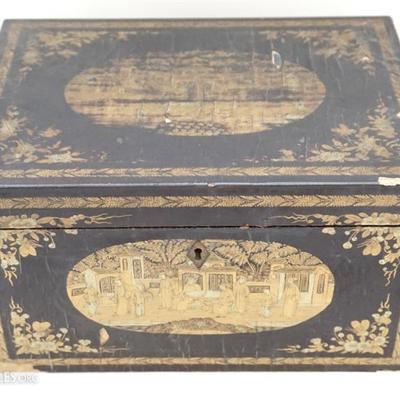 Lot 16- Antique first half of the 19th c. Chinese Lacquered Tea Caddy Original Lead Lining & Lid. Some loss to the exterior lacquerware...