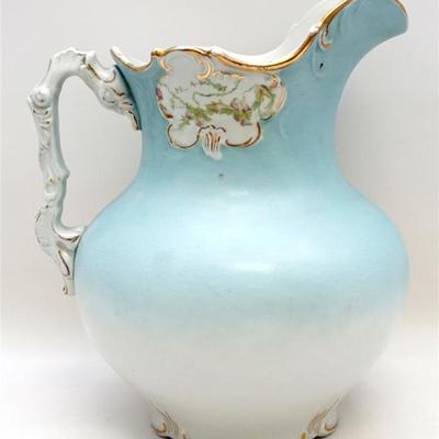 Lot 3 - Etruria Mellor & Co. 19th c. Large Pitcher. The  pitcher is a classic robins egg blue and is decorated with tiny pink rose buds...
