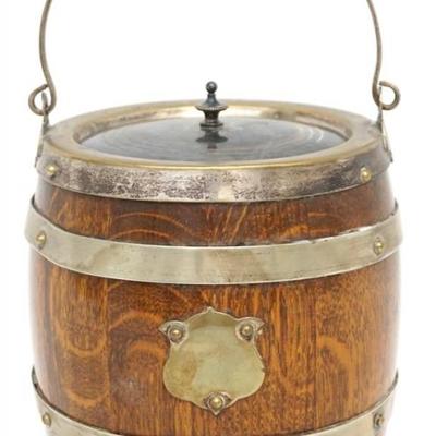 Lot 26 - Vintage 1940's English oak and silver-plated humidor / tobacco jar with porcelain insert. Blank cartouche. In good condition