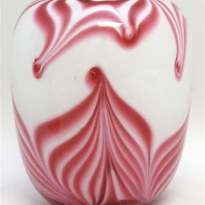 Signed and dated Studio Art Glass Blown Vase. White and Raspberry in a pulled feather pattern.