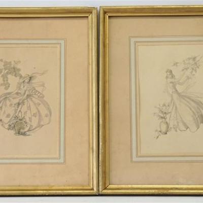 Lot 6 - A pair of Vintage Original Pencil and Watercolor Drawings by Maude Kaufman Eggemeyer. Framed and matted in gilt wood frames. Each...