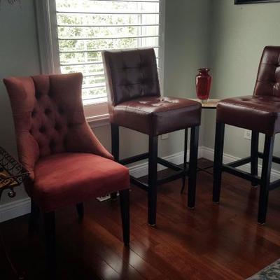 (2) leather bar stools and accent furniture 