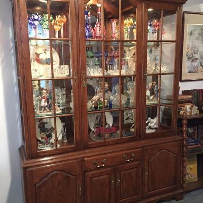 Ethan Allen Hutch filled with Multi-Colored Crystal Stems and other Quality Crystal