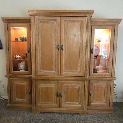 Three piece entertainment center   Ends ( 23 w x 19 d x 76 tall) Overall 90 l x 80.75 t 