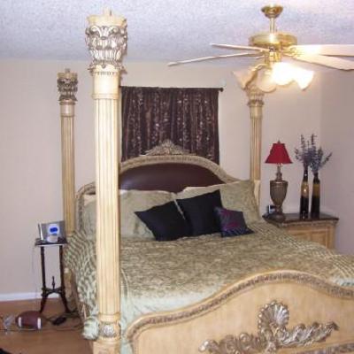 4 poster king bed, leather headboard to include custom mattress/box springs