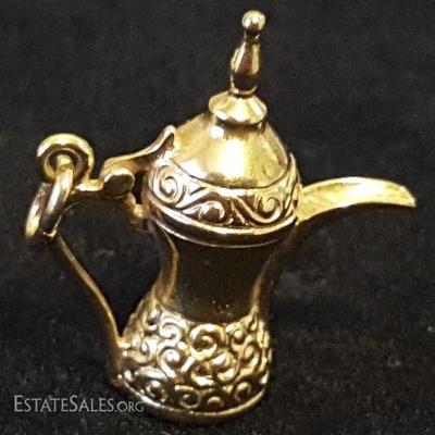 FSL236 Solid 14K Gold Teapot & Engraved Design Pendant
