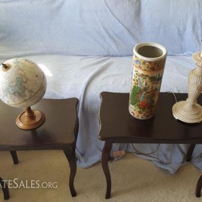 FSL004 Wooden End Tables, Table Lamp, Globe and Oriental Vase
