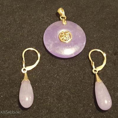 FSL163 Purple Jade 14K Pendant & Drop Earrings
