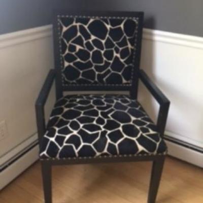 PAIR CUSTOM DURALEE DINING CHAIRS (ONE WITH ARMS ONE WITHOUT
