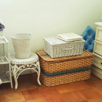 white wicker, chair, table, trunk and small shelf