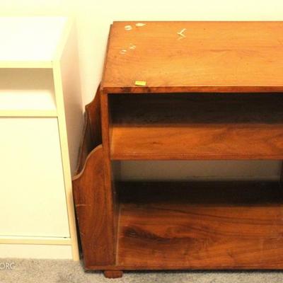 Vintage Magazine End Table on Casters and Small White Cabinet
