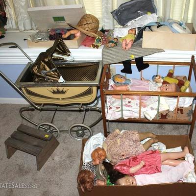 Box Lot of Antique and Vintage Dolls with Crib and Accessories

