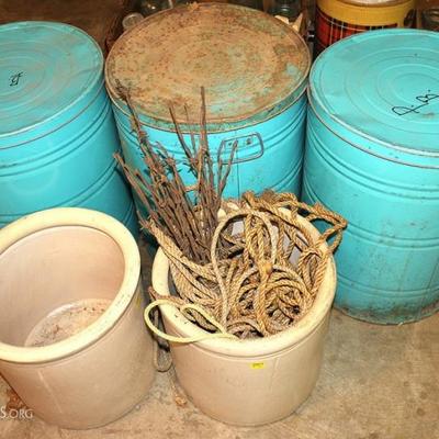 Lot of 3 Barrels with Lids, 2 Crocks with Barb Wire