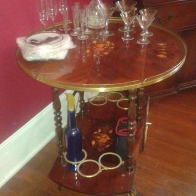 Vintage Italian inlaid Marquetry wood serving cart with drop leaf