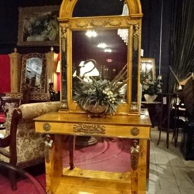 FRENCH EMPIRE STYLE BURL WOOD CONSOLE AND MIRROR WITH GILT BRONZE AND MARBLE
