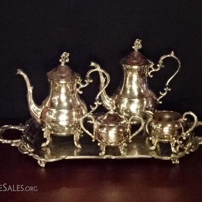 5 PC ENGLISH SILVER CO. SILVERPLATE COFFE AND TEA SERVICE ON TRAY