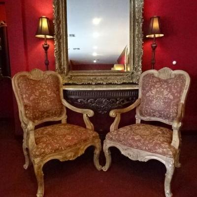 PAIR GEORGIAN STYLE ARMCHAIRS WITH PALE RED AND GOLD UPHOLSTERY, LIGHT FINISH CARVED WOOD FRAMES