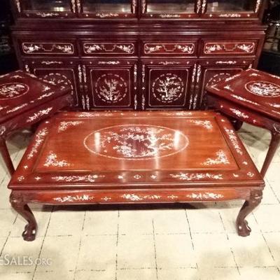 3 PC CHINESE ROSEWOOD AND MOTHER OF PEARL COFFEE AND END TABLE SET