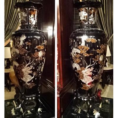 PAIR MONUMENTAL CHINESE MOTHER OF PEARL PALACE VASES IN BLACK LACQUER