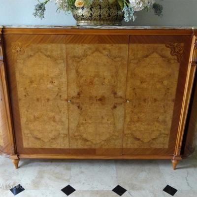 LOUIS XVI STYLE BURL WOOD CABINET WITH MARBLE TOP