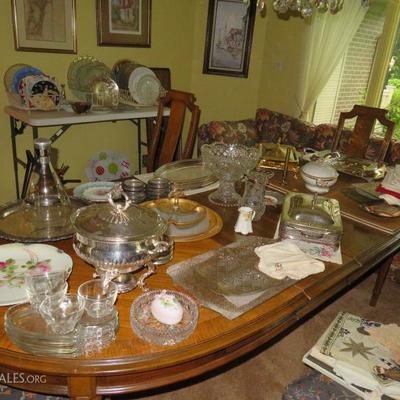 Silver plate, hand painted plates, platters, Serving dishes