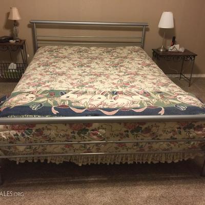 Queen size bed frame, mattresses, bedspread 