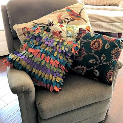 Recliner and colorful accent pillows
