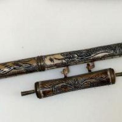 Vintage Asian Hand Carved Bovine Bone Dragon Head Blowgun