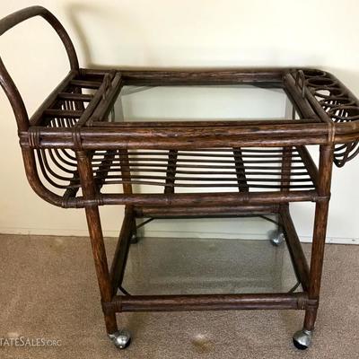 Vintage Rattan Tea Cart & Removable Glass Tray