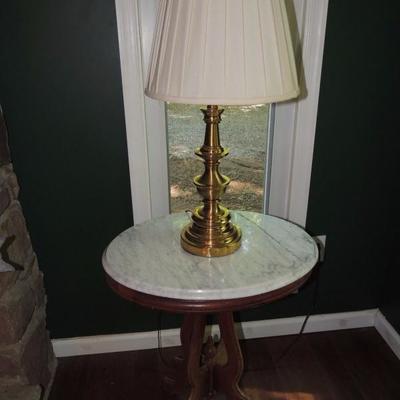 Pair Stiffel lamps, pair Eastlake Victorian marble top tables