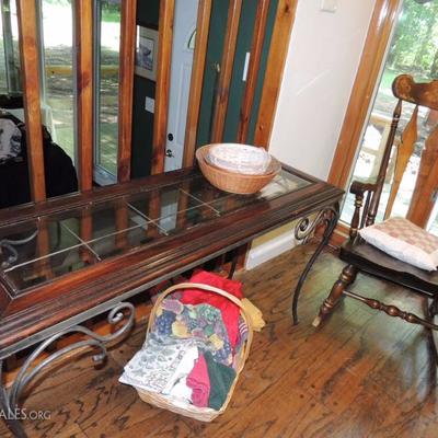 glass top iron base console table
