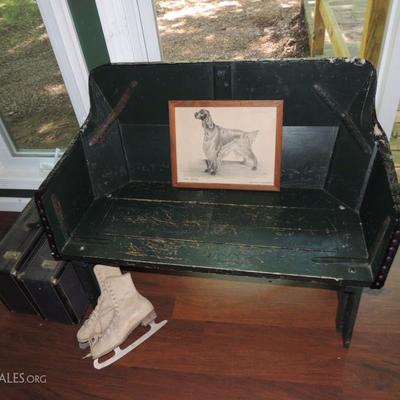 antique carriage buggy seat, vintage skates, dog drawing
