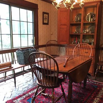 Antique Long Bench, Drop Leaf Table, Antique Chairs, Farmhouse Cabinet