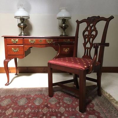 Queen Anne Desk, Shield Back Arm Chairs, Area Rug 