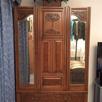 Art Nouveau Armoire with Mirrored Doors