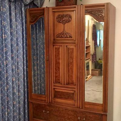 Art Nouveau Armoire with Mirrored Doors (angled view)