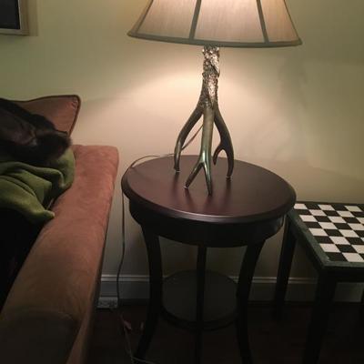Accent table, $25
Silvered metal antler lamp, $35