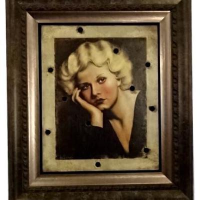 LARGE BILL MACK SIGNED MIXED MEDIA PAINTING - PORTRAIT OF JEAN HARLOW MOUNTED ON A PANEL OF THE ORIGINAL HOLLYWOOD SIGN