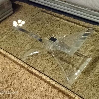 LION IN FROST STYLE LUCITE COFFEE TABLE WITH BEVELED GLASS TOP