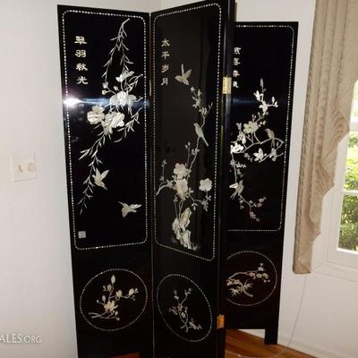 Lot # 108  Oriental Screen Lacquered Each panel is 16 inches and stands 6 feet high. $600.00