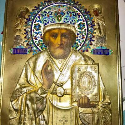 antique russian sterling silver enamel and oil religious icon
