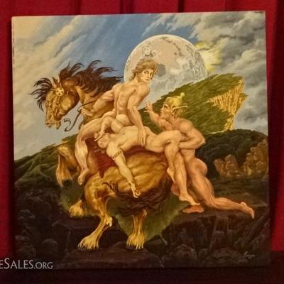 LARGE ALBERT CARUS SIGNED OIL PAINTING ON CANVAS, 3 MALE NUDES AND HORSE