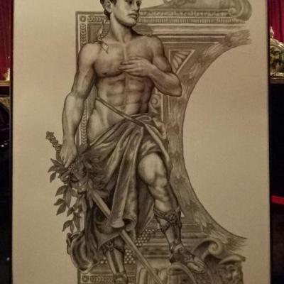 LARGE ALFRED CARUS PRINT, CLASSICAL GREEK OLYMPIC ATHELETE, SIGNED AND DATED IN THE PLATE, VERY GOOD CONDITION, FRAMED SIZE 46