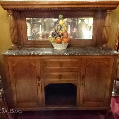 ANTIQUE BUFFET WITH MARBLE TOP AND MIRRORED HUTCH TOP