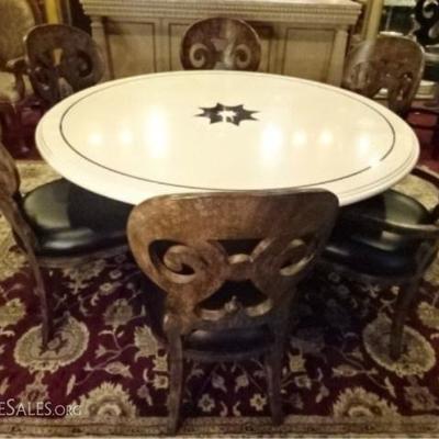 NEOCLASSICAL ROUND DINING TABLE WITH 6 BEIDERMEIER INSPIRED DINING CHAIRS