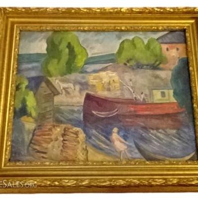 ROBERT RAFAILOVICH FALK,( RUSSIAN 1886-1958) ATTRIBUTED OIL ON CANVAS PAINTING, LANDSCAPE WITH BOAT AND RIVER, SIGNED IN CYRILLIC LOWER LEFT